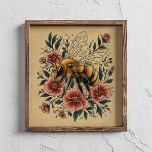 Queen Bee Floral Vintage Portrait, Vintage Retro Honey Bee Floral Insect Wall